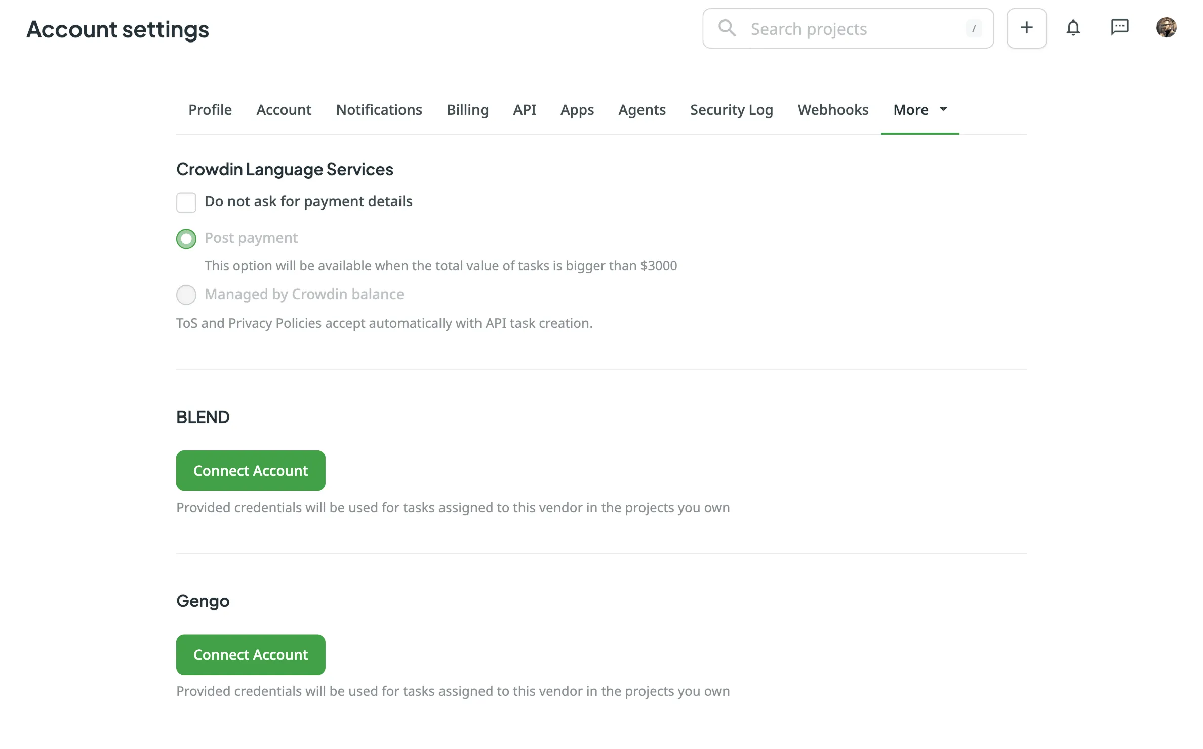 Account Settings Vendors